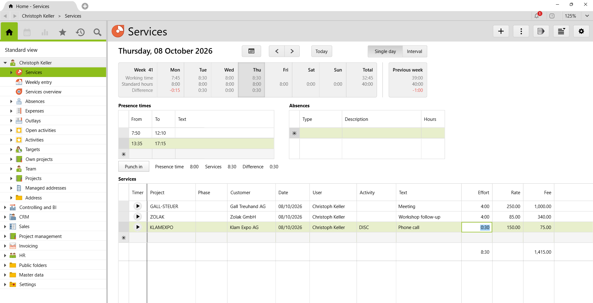 Intuitive service entry in Vertec