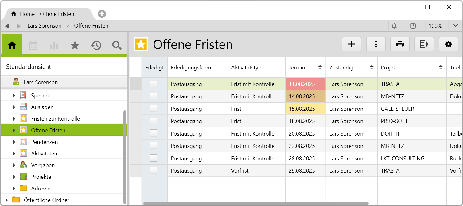 Offene Fristen des Mitarbeiters Lars Sorensen