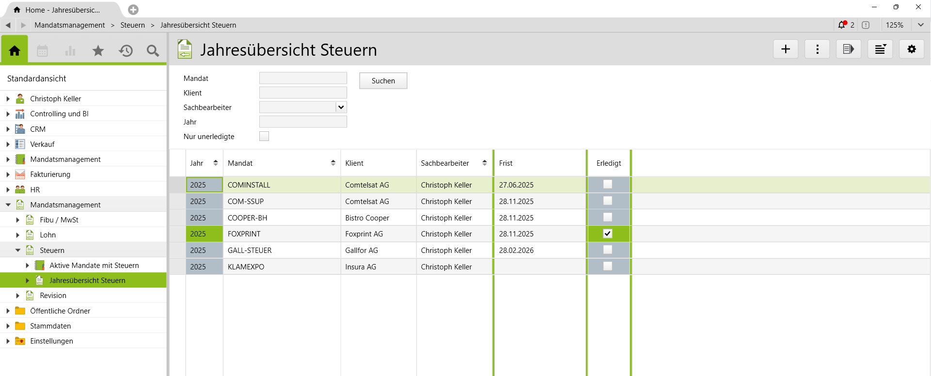 Standardized annual overview taxis with deadlines in vertec