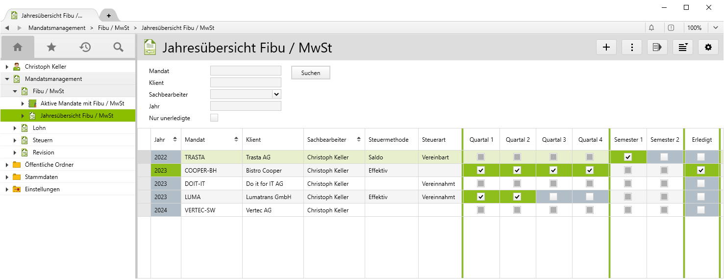 Jahresübersicht beim Mandatsmanagement in Vertec