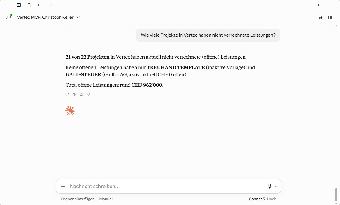 Claude mit Vertec MCP Server Anbindung