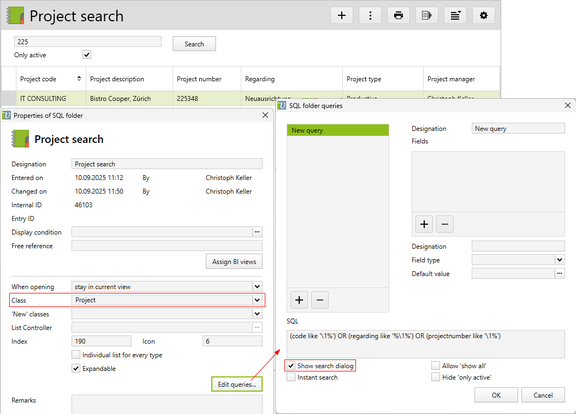 SQL search dialog for project references