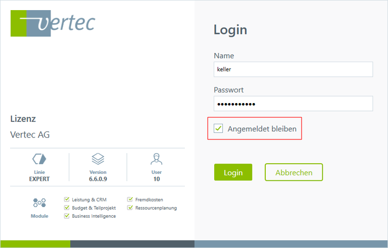 Authentisierung via Vertec Login