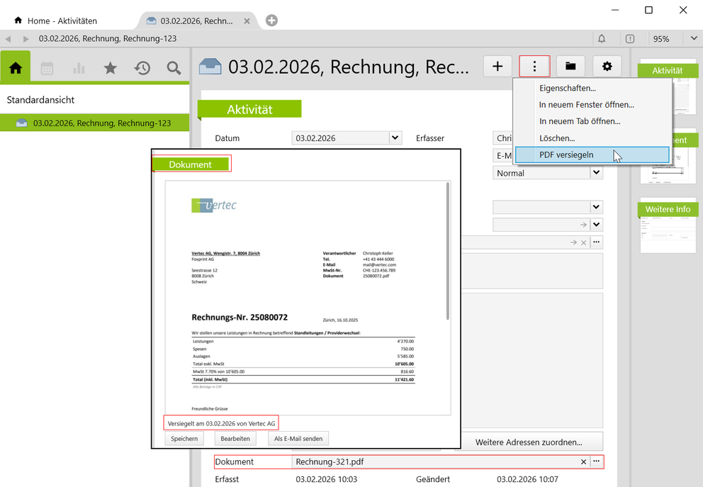 New in Vertec: Sealing accounting documents