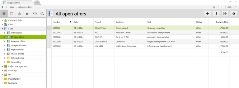 Offers and project planning are closely linked in Vertec