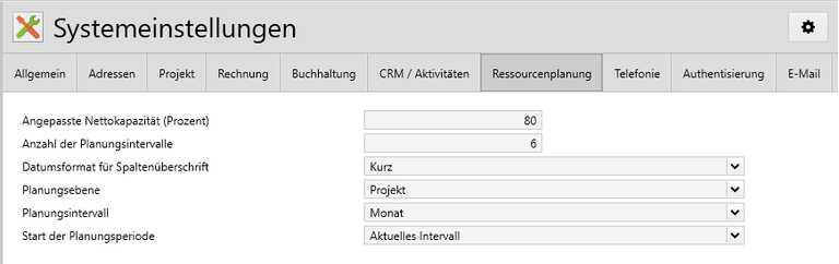 Systemeinstellungen Ressourcenplanung