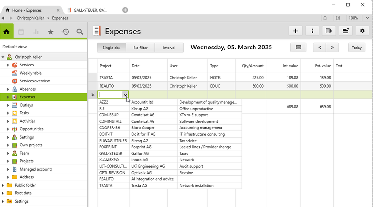Entering expenses